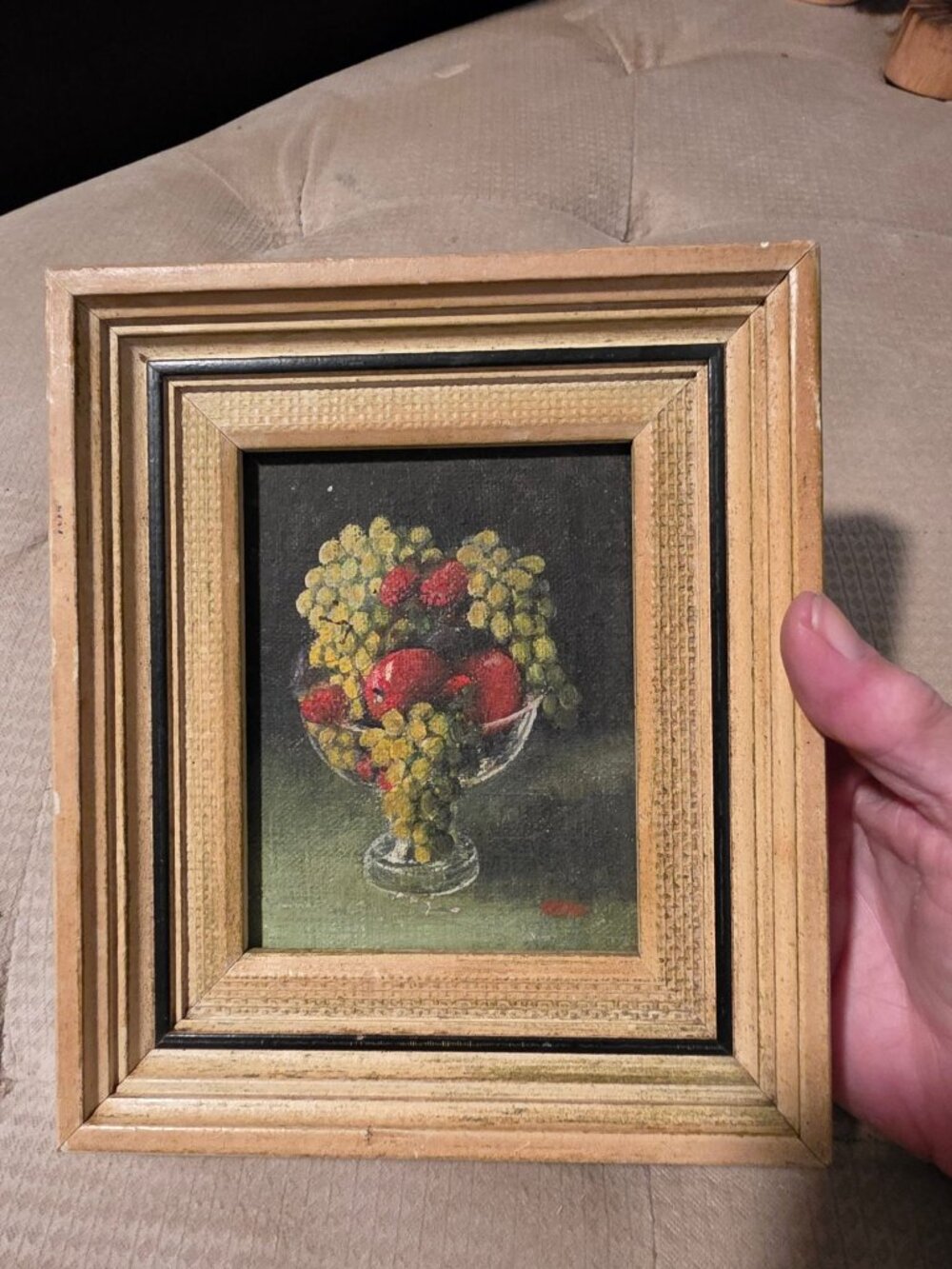 Vintage Moody Framed Still Life Painting Of Fruit On Board In Wooden Frame 7" x